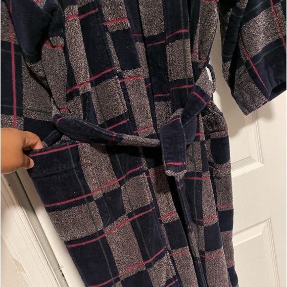 VTG Christian Dior terry cloth 100% cotton bath robe plaid men’s with belt! - Picture 5 of 9